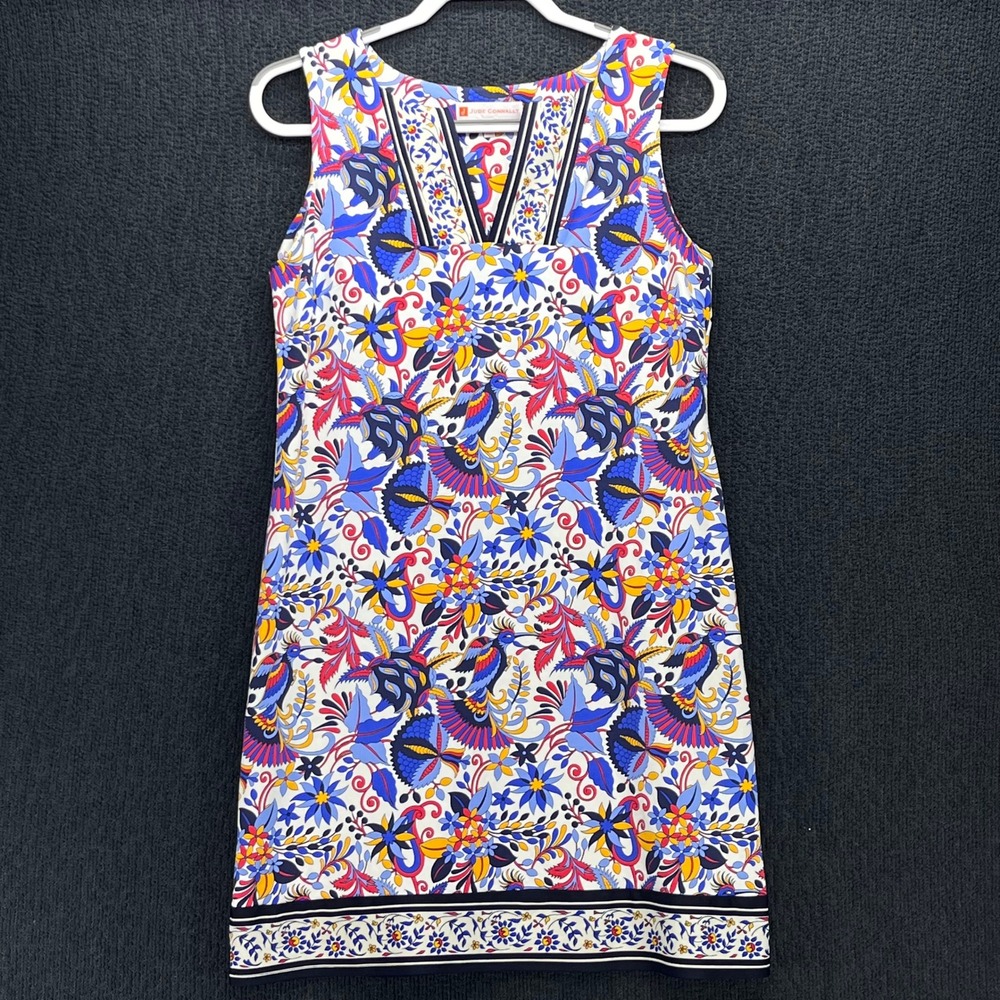 Jude Connally Womens Floral Bird Print Split Neck Shift Dress Blue Red Small